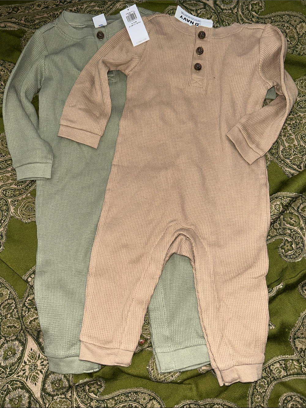 Old Navy Beige and Sage Waffle-Knit Baby One-Piece Footies